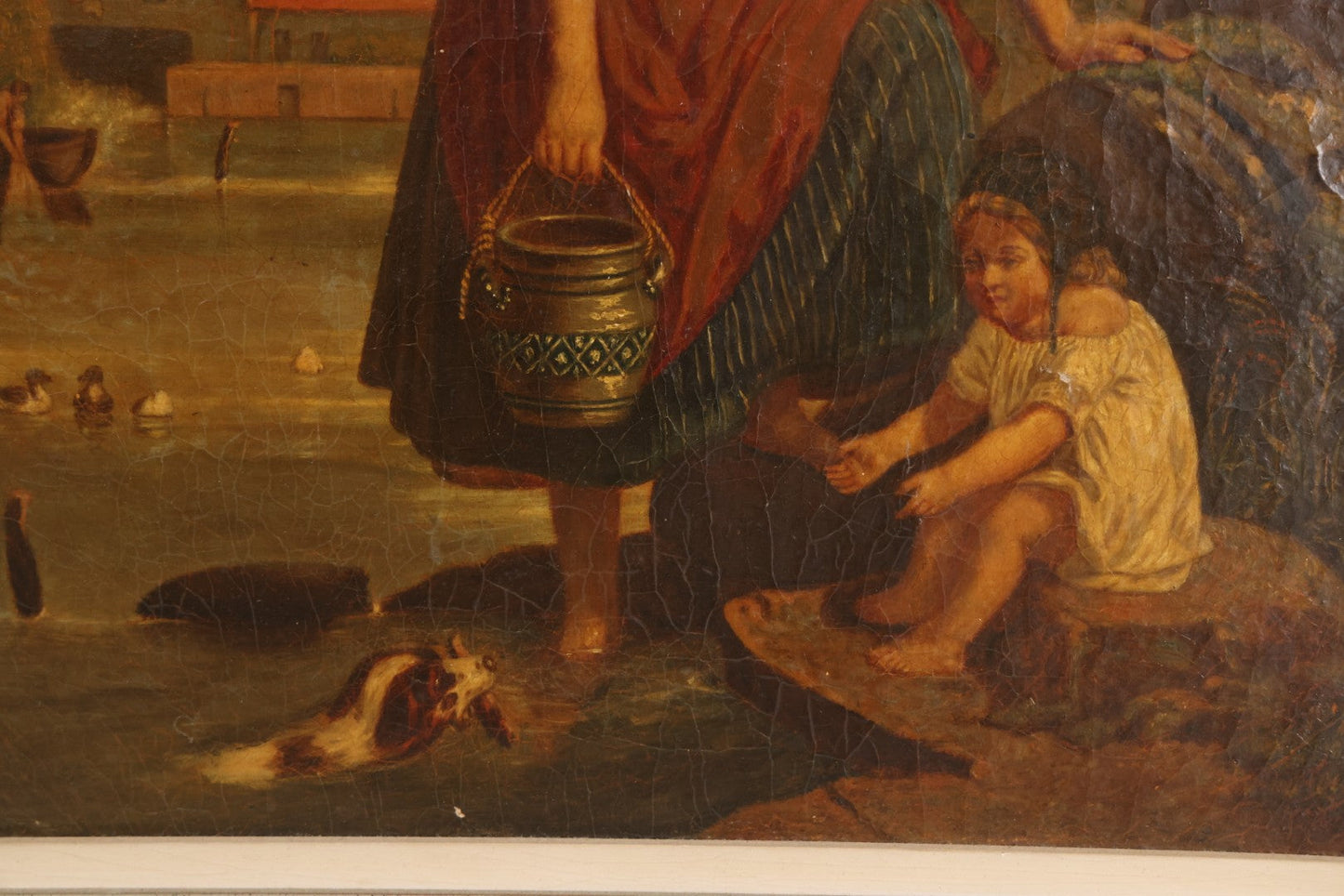 Lot 001 - Antique 19th Century Genre Painting Depicting Idyllic Peasant Life, Woman Gathering Water, Child Playing Fetch With Dog, In 20th Century Frame, As Found