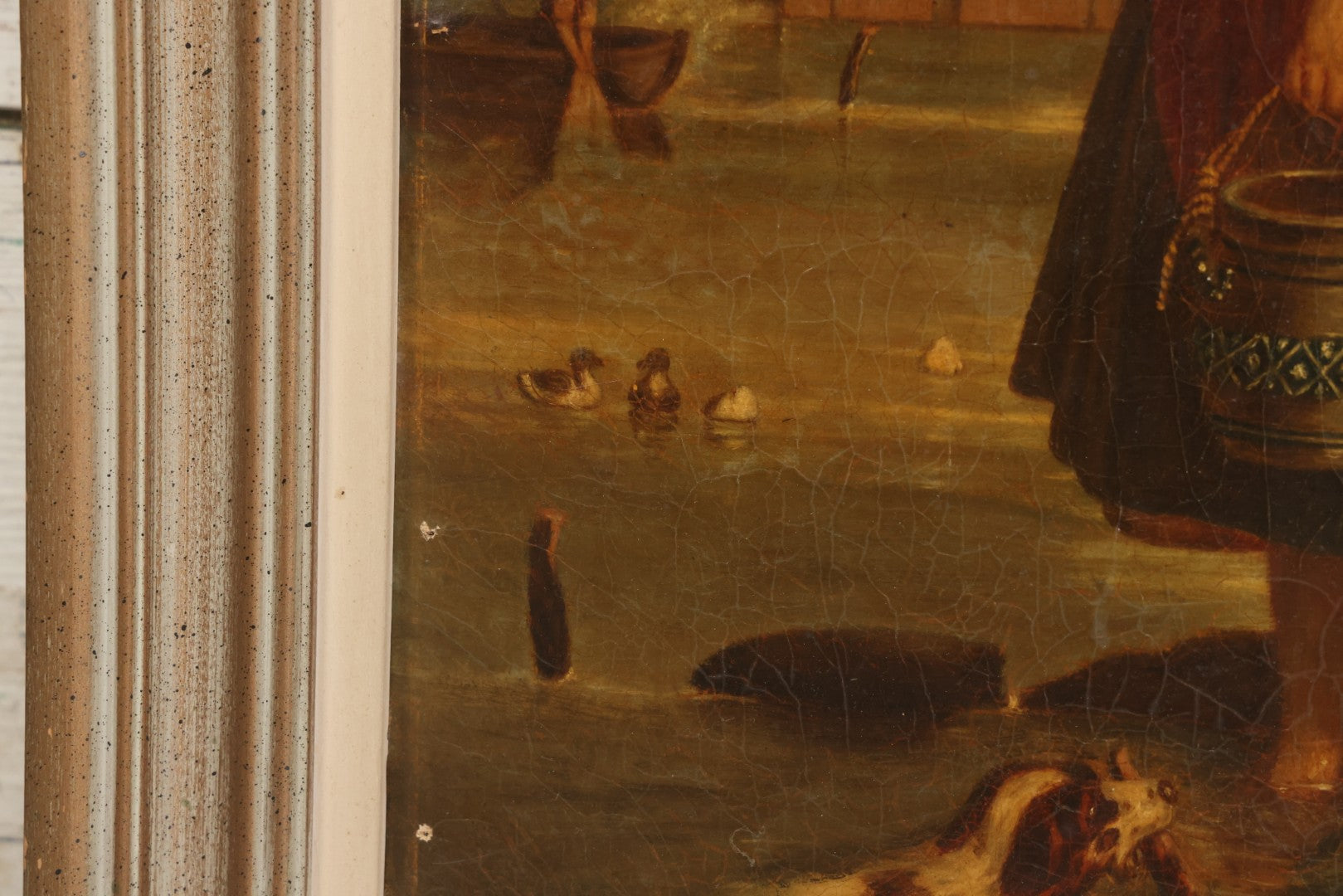 Lot 001 - Antique 19th Century Genre Painting Depicting Idyllic Peasant Life, Woman Gathering Water, Child Playing Fetch With Dog, In 20th Century Frame, As Found
