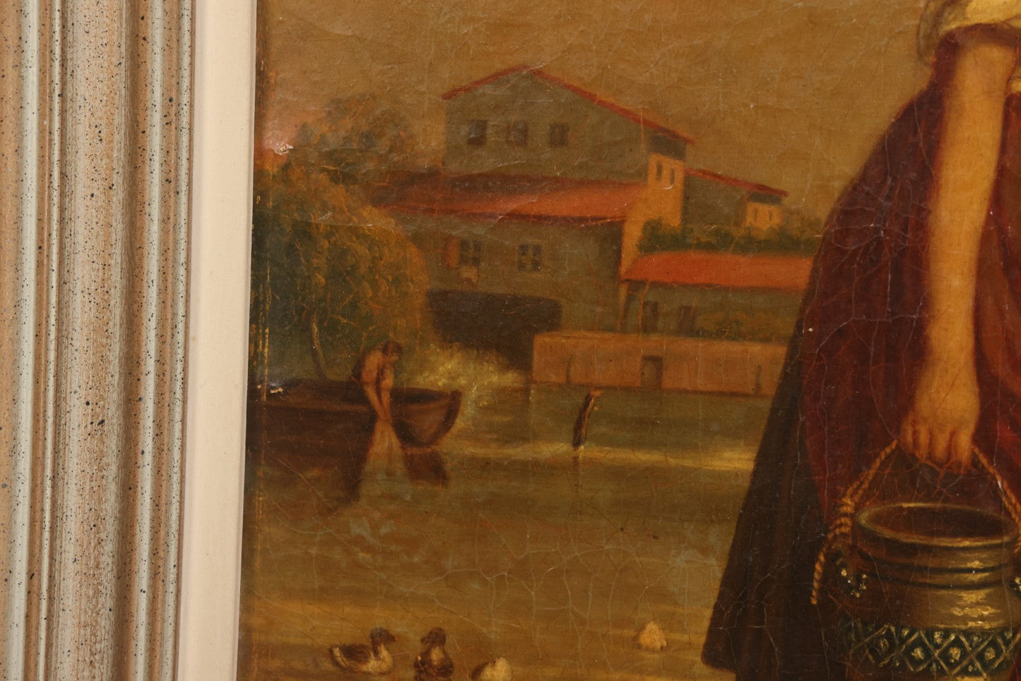 Lot 001 - Antique 19th Century Genre Painting Depicting Idyllic Peasant Life, Woman Gathering Water, Child Playing Fetch With Dog, In 20th Century Frame, As Found