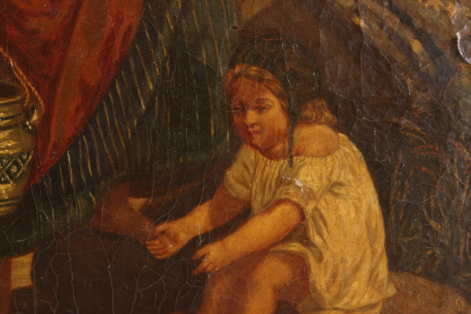 Lot 001 - Antique 19th Century Genre Painting Depicting Idyllic Peasant Life, Woman Gathering Water, Child Playing Fetch With Dog, In 20th Century Frame, As Found