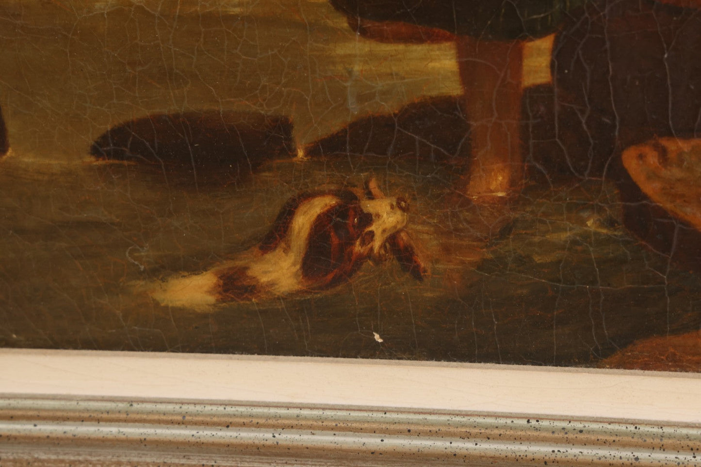 Lot 001 - Antique 19th Century Genre Painting Depicting Idyllic Peasant Life, Woman Gathering Water, Child Playing Fetch With Dog, In 20th Century Frame, As Found