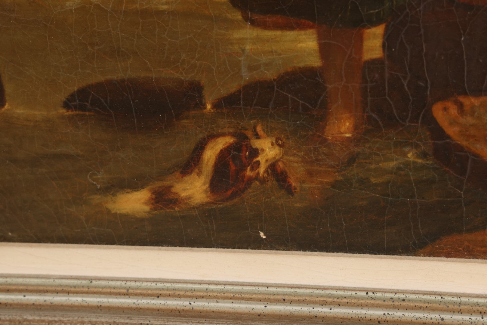 Lot 001 - Antique 19th Century Genre Painting Depicting Idyllic Peasant Life, Woman Gathering Water, Child Playing Fetch With Dog, In 20th Century Frame, As Found