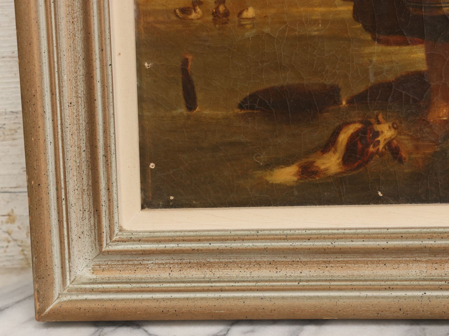 Lot 001 - Antique 19th Century Genre Painting Depicting Idyllic Peasant Life, Woman Gathering Water, Child Playing Fetch With Dog, In 20th Century Frame, As Found