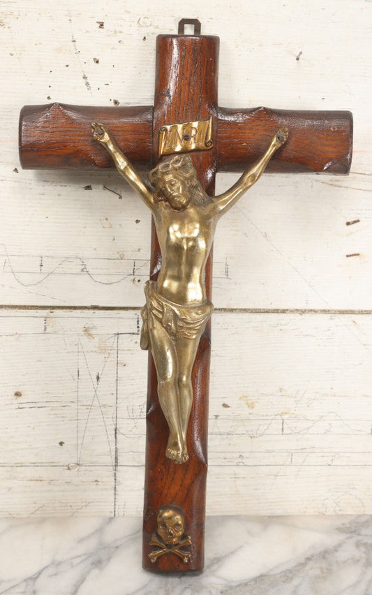 Lot 002 - Antique Thick Wooden Golgotha Crucifix With Metal Jesus And Skull Of Adam, Skull And Crossbones 11-1/2" x 19"