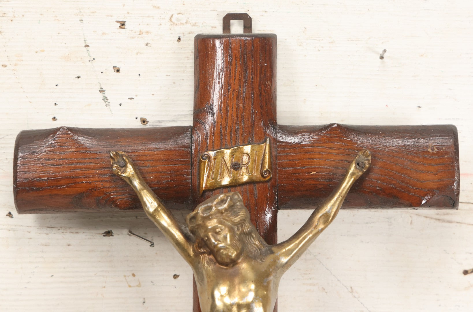 Lot 002 - Antique Thick Wooden Golgotha Crucifix With Metal Jesus And Skull Of Adam, Skull And Crossbones 11-1/2" x 19"