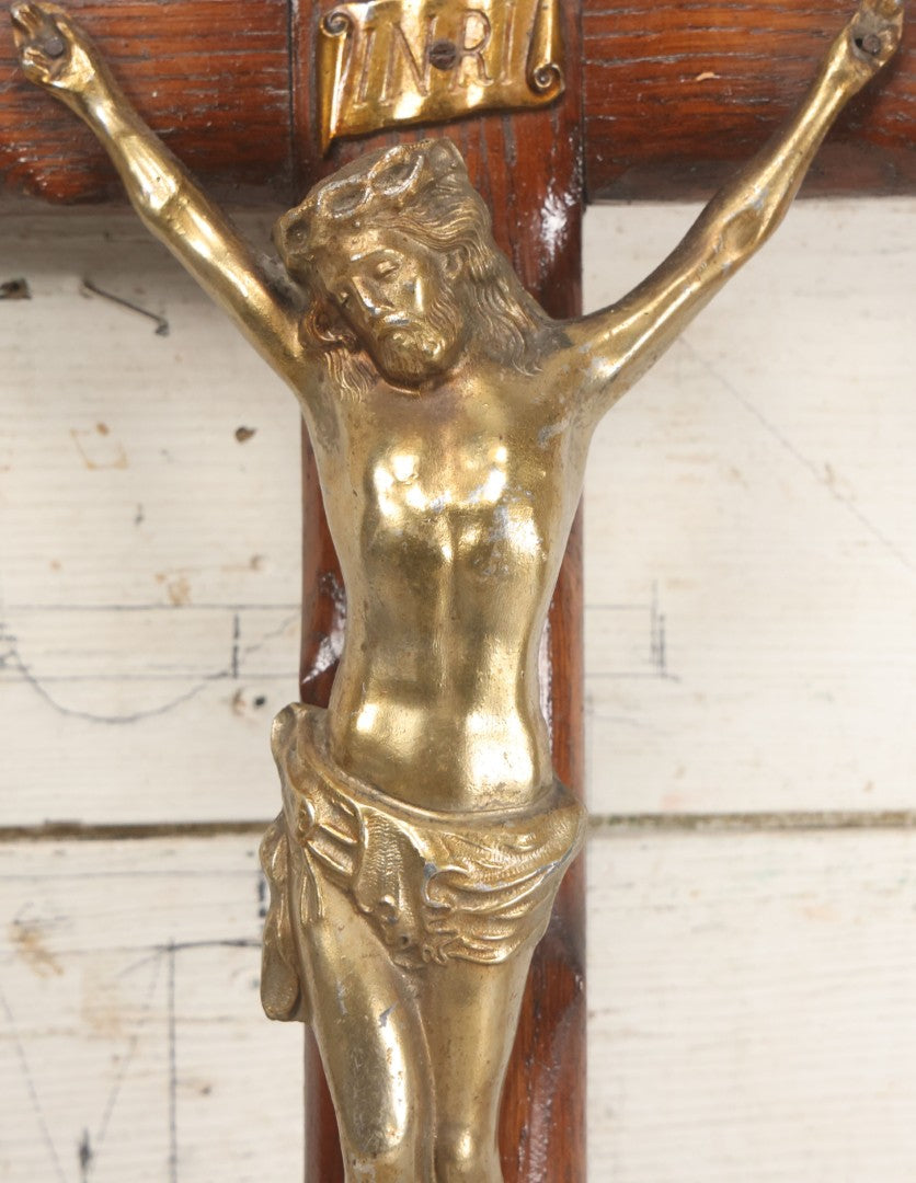 Lot 002 - Antique Thick Wooden Golgotha Crucifix With Metal Jesus And Skull Of Adam, Skull And Crossbones 11-1/2" x 19"