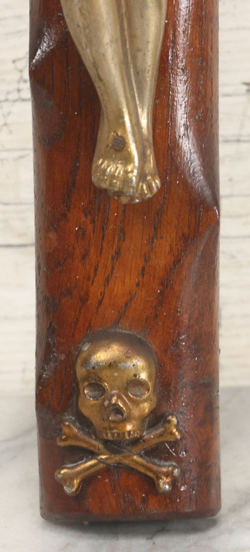 Lot 002 - Antique Thick Wooden Golgotha Crucifix With Metal Jesus And Skull Of Adam, Skull And Crossbones 11-1/2" x 19"