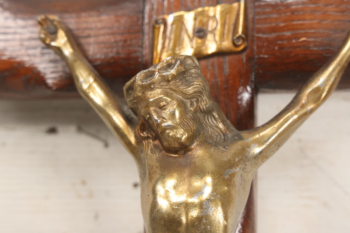 Lot 002 - Antique Thick Wooden Golgotha Crucifix With Metal Jesus And Skull Of Adam, Skull And Crossbones 11-1/2" x 19"