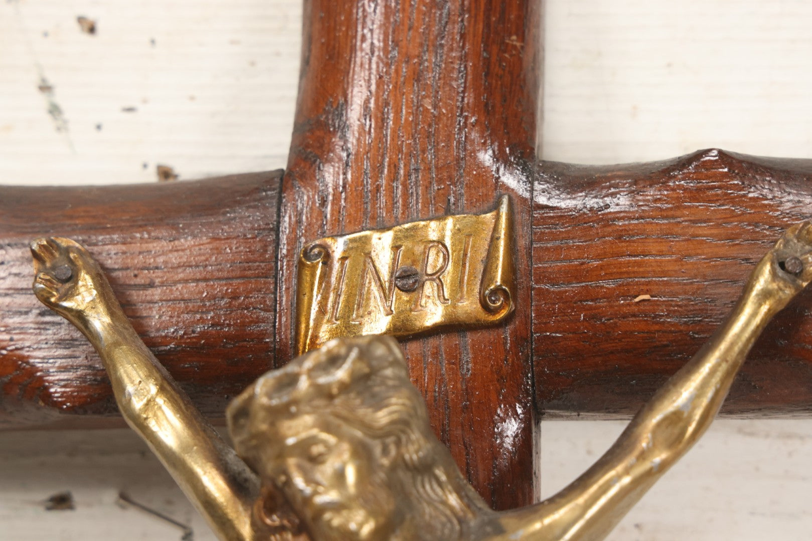 Lot 002 - Antique Thick Wooden Golgotha Crucifix With Metal Jesus And Skull Of Adam, Skull And Crossbones 11-1/2" x 19"