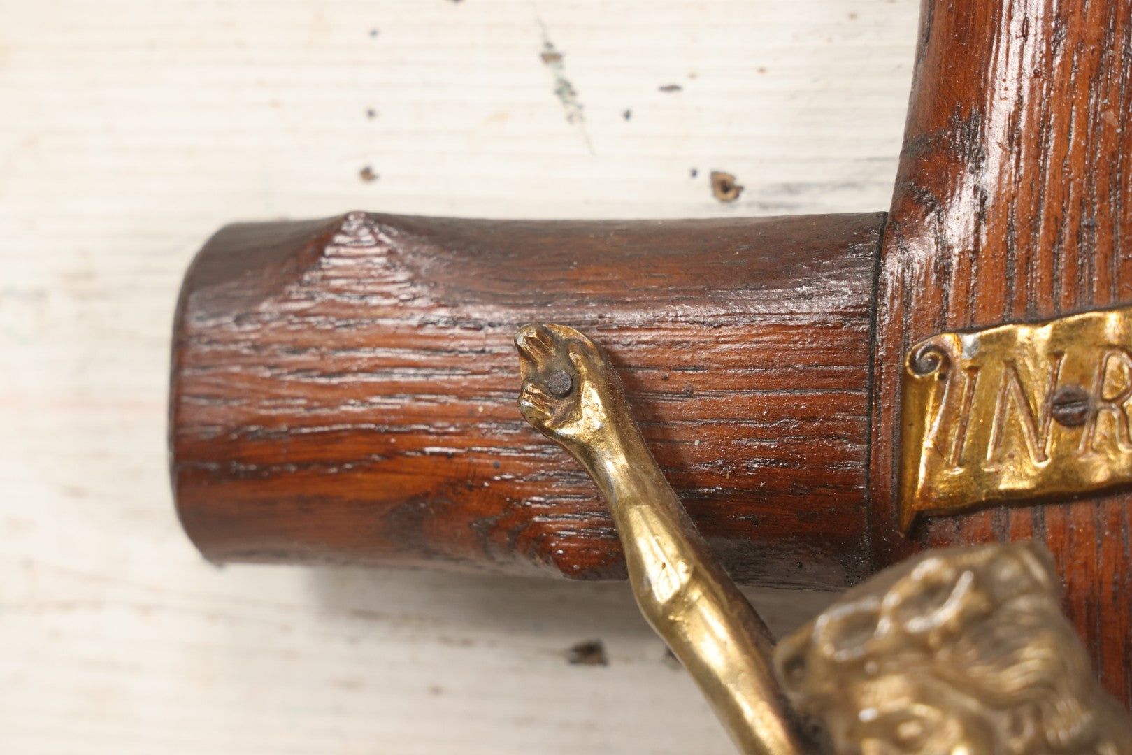 Lot 002 - Antique Thick Wooden Golgotha Crucifix With Metal Jesus And Skull Of Adam, Skull And Crossbones 11-1/2" x 19"