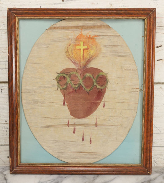 Lot 003 - Antique Hand Painted Sacred Heart On Thread, In Frame, Note Losses 13-1/2" x 15-1/2"