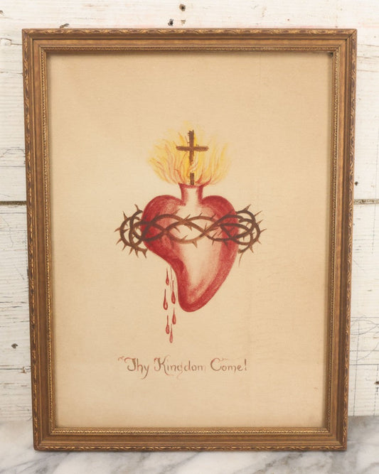 Lot 005 - Vintage Sacred Heart "Thy Kingdom Come" Painting On Paper In Original Frame, 11-1/4" x 14-3/4"