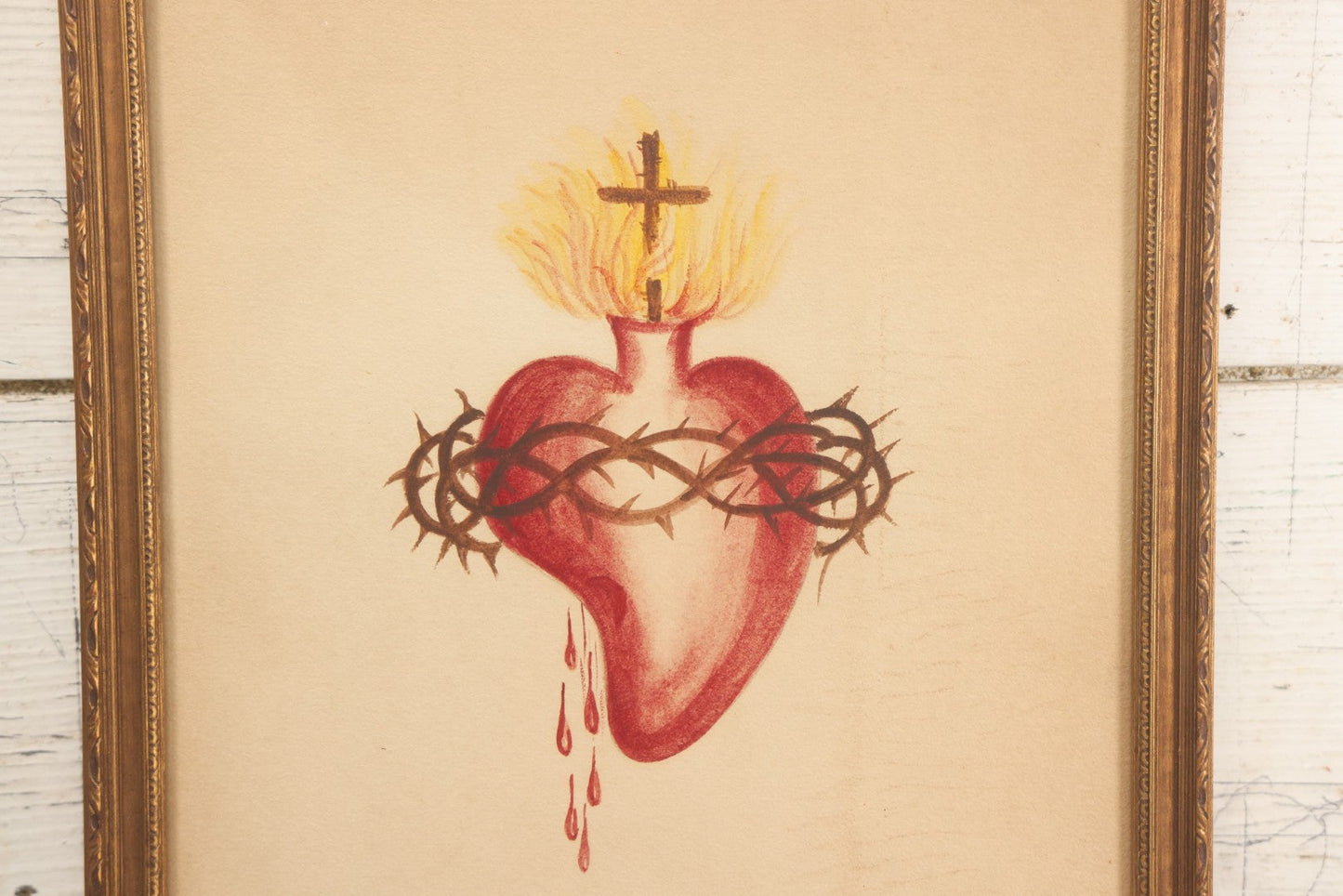 Lot 005 - Vintage Sacred Heart "Thy Kingdom Come" Painting On Paper In Original Frame, 11-1/4" x 14-3/4"
