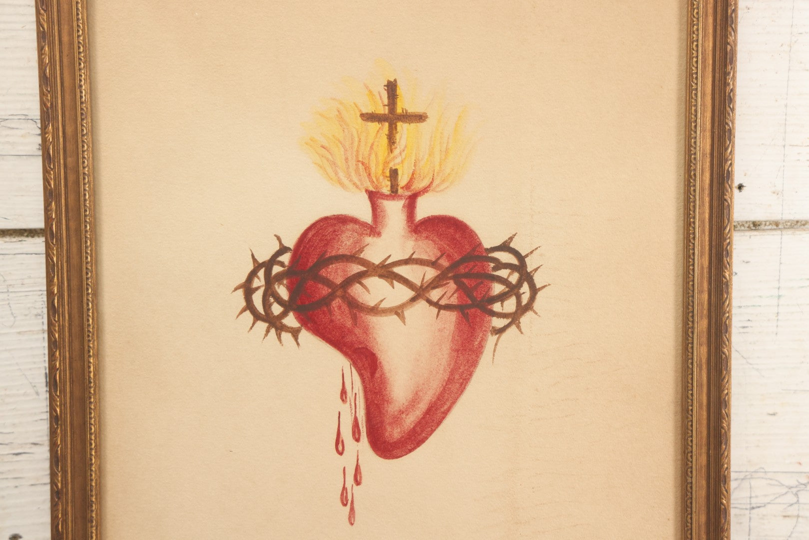 Lot 005 - Vintage Sacred Heart "Thy Kingdom Come" Painting On Paper In Original Frame, 11-1/4" x 14-3/4"
