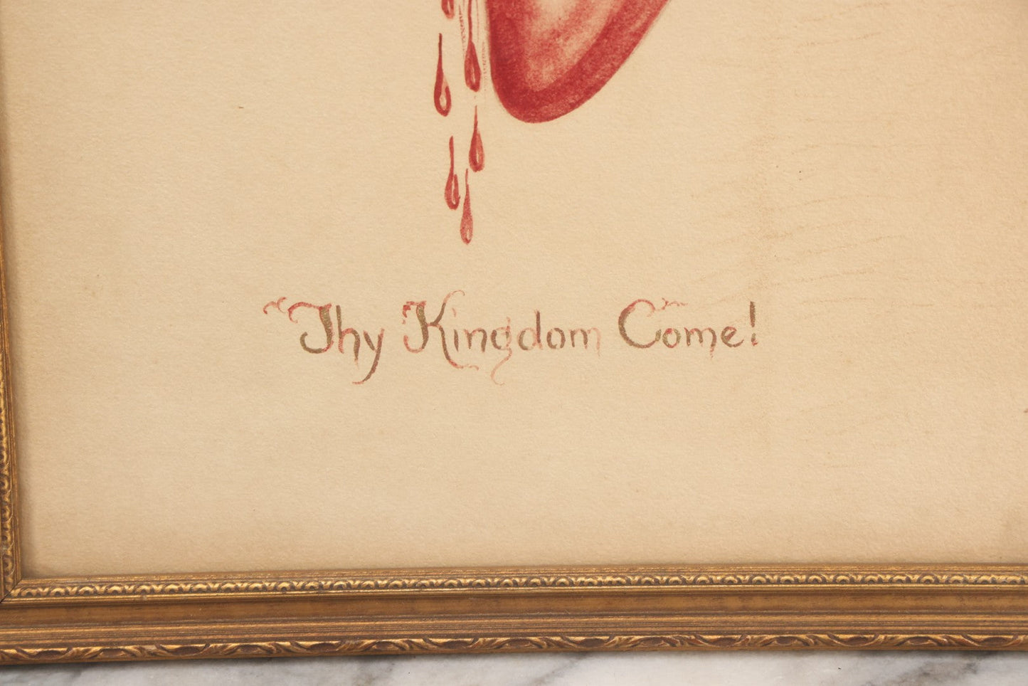 Lot 005 - Vintage Sacred Heart "Thy Kingdom Come" Painting On Paper In Original Frame, 11-1/4" x 14-3/4"