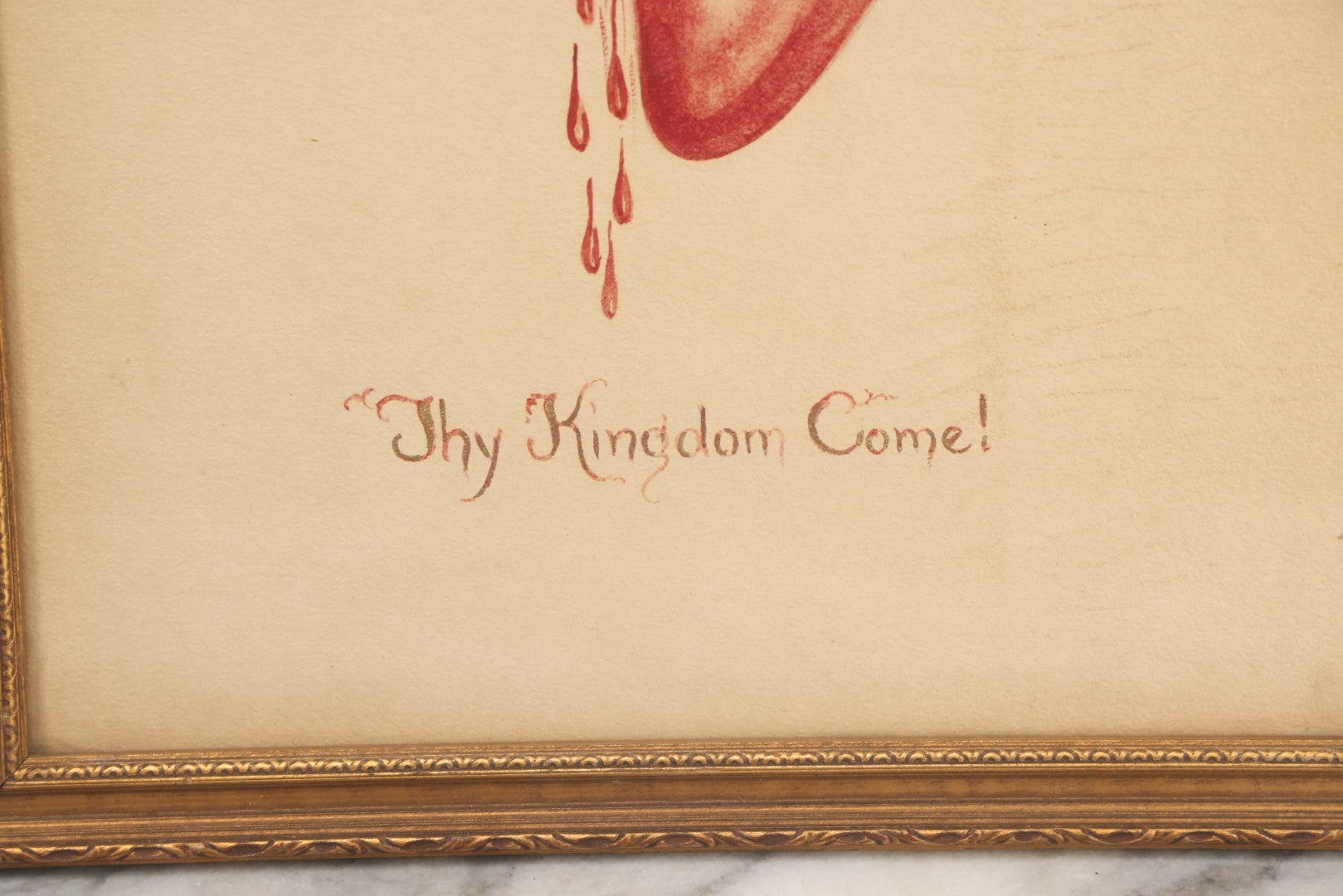 Lot 005 - Vintage Sacred Heart "Thy Kingdom Come" Painting On Paper In Original Frame, 11-1/4" x 14-3/4"