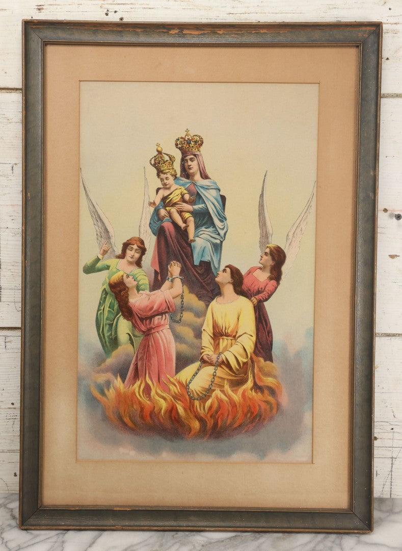 Lot 007 - Antique Lady Of Mount Carmel Catholic Religious Chromolithograph With Damned Souls Coming Out Of Hell, Purgatory, In Frame, 16-1/2" x 23-1/2"