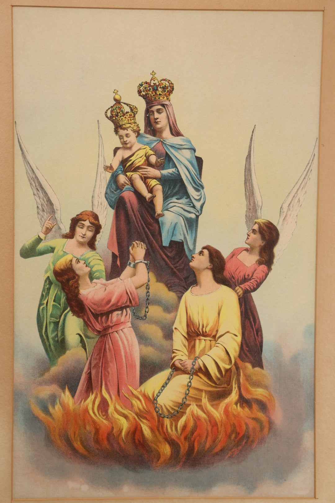 Lot 007 - Antique Lady Of Mount Carmel Catholic Religious Chromolithograph With Damned Souls Coming Out Of Hell, Purgatory, In Frame, 16-1/2" x 23-1/2"