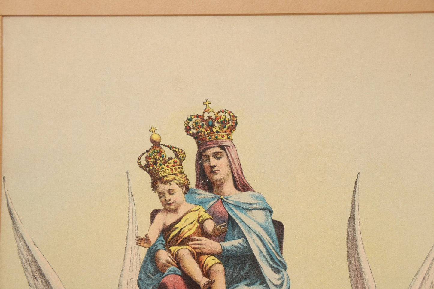 Lot 007 - Antique Lady Of Mount Carmel Catholic Religious Chromolithograph With Damned Souls Coming Out Of Hell, Purgatory, In Frame, 16-1/2" x 23-1/2"
