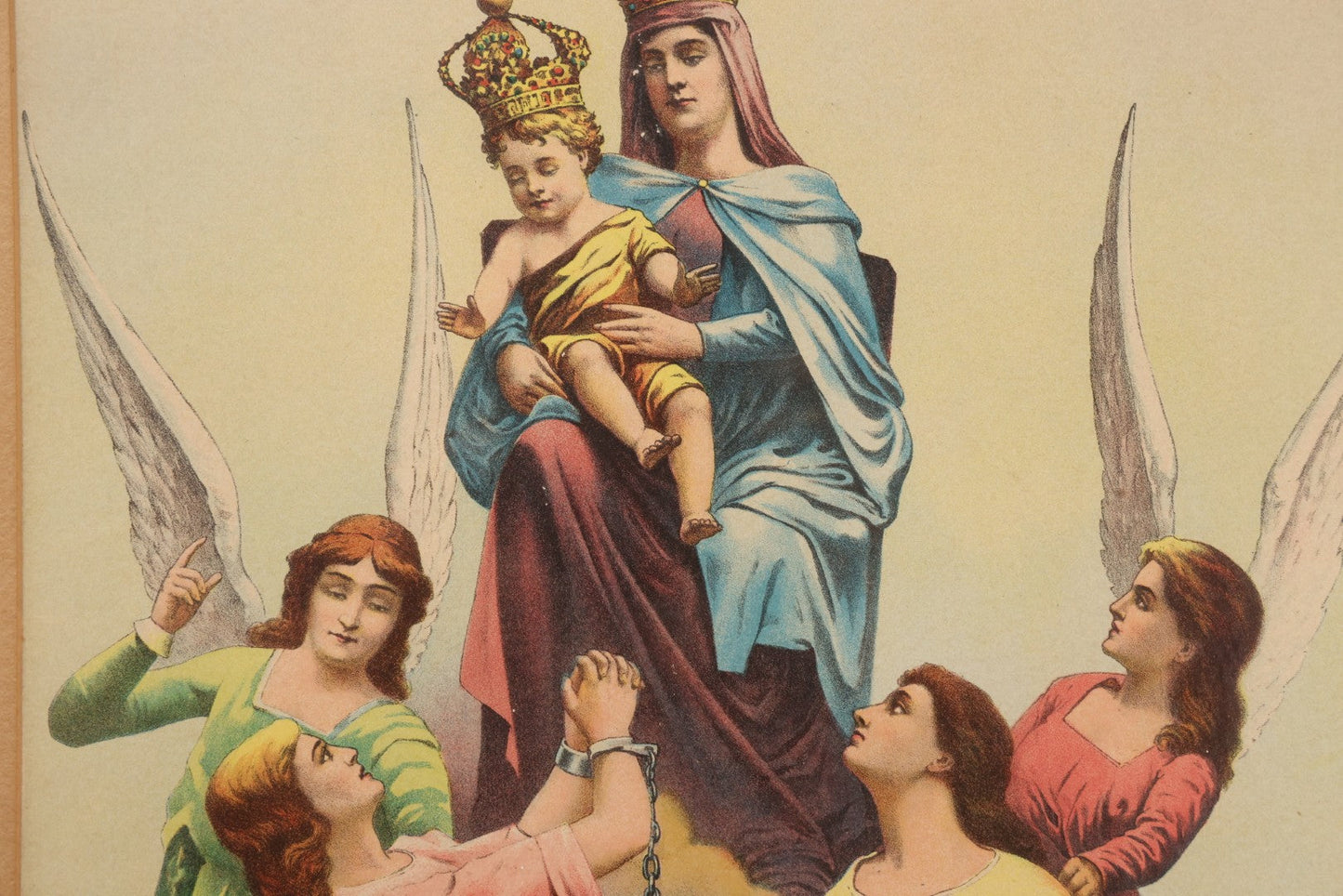 Lot 007 - Antique Lady Of Mount Carmel Catholic Religious Chromolithograph With Damned Souls Coming Out Of Hell, Purgatory, In Frame, 16-1/2" x 23-1/2"