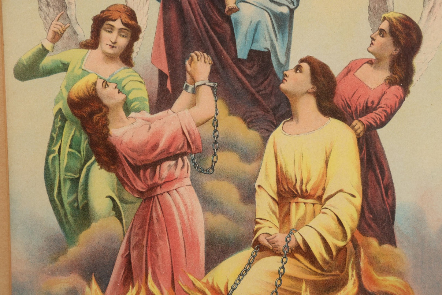 Lot 007 - Antique Lady Of Mount Carmel Catholic Religious Chromolithograph With Damned Souls Coming Out Of Hell, Purgatory, In Frame, 16-1/2" x 23-1/2"
