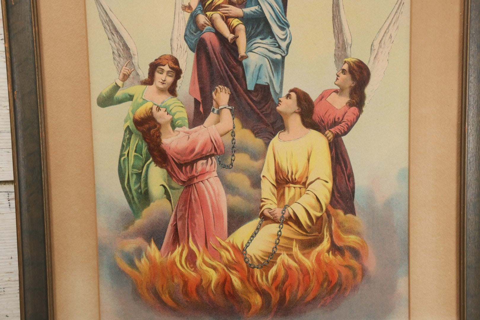 Lot 007 - Antique Lady Of Mount Carmel Catholic Religious Chromolithograph With Damned Souls Coming Out Of Hell, Purgatory, In Frame, 16-1/2" x 23-1/2"
