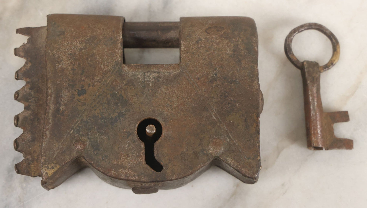 Lot 009 - Antique Hand Wrought Iron Strongbox Padlock With Key, Working Condition, Original Patina, Circa 18th Century