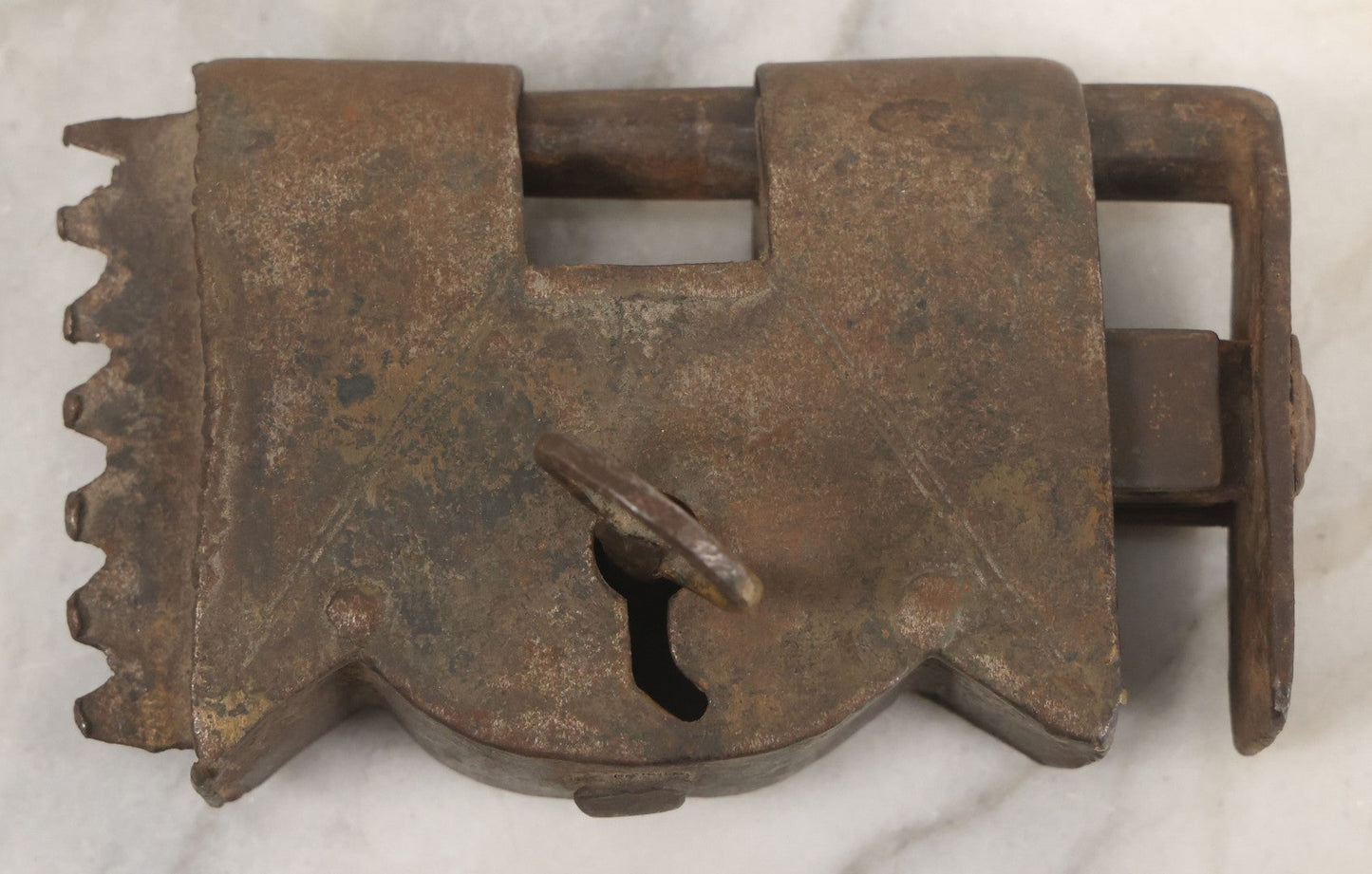 Lot 009 - Antique Hand Wrought Iron Strongbox Padlock With Key, Working Condition, Original Patina, Circa 18th Century