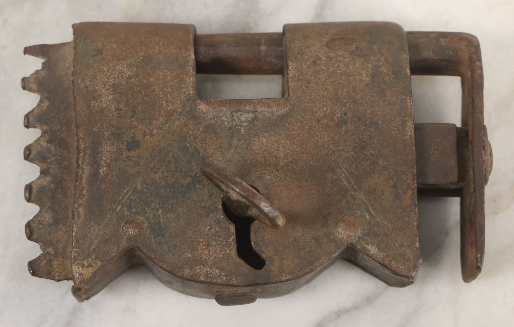 Lot 009 - Antique Hand Wrought Iron Strongbox Padlock With Key, Working Condition, Original Patina, Circa 18th Century