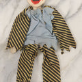 Lot 014 - Vintage Folk Art Hand Made Doll Puppet, Clown With Yellow And Black Striped Clothes Wooden Head And Feet, Cardstock Body, 14" Length