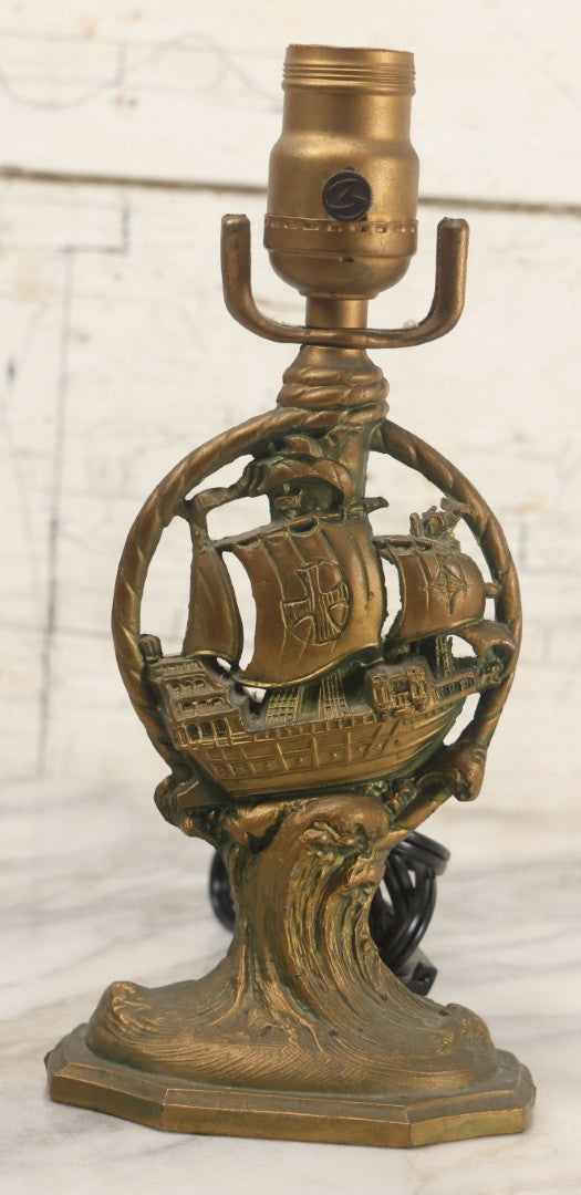 Lot 020 - Vintage Nautical Figural Lamp With Spanish Galleon Ship Atop Wave,. Everlight Brand, Circa 1920s Rewired, Working, 10-1/2" Height