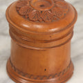 Lot 033 - Antique Hand Carved, Wood Turned String Holder With Leaf Motif On Fitted Lid, Geometric Pattern On Base, 3-3/8" Height