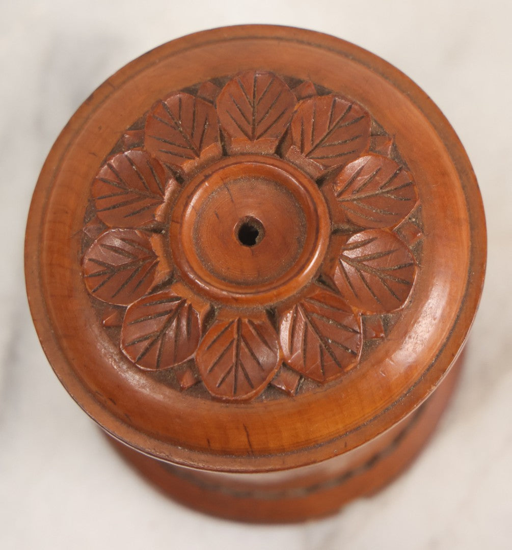 Lot 033 - Antique Hand Carved, Wood Turned String Holder With Leaf Motif On Fitted Lid, Geometric Pattern On Base, 3-3/8" Height