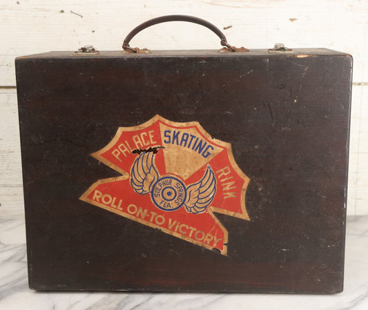 Lot 035 - Vintage World War 2 Era Roller Skate Carrying Case With Period "V For Victory" Decals Including Decals From Palace Skating Rink, Sulphur Springs Florida, Mt. Clemens Arena Roller Rink, Michigan, And Roller Arena, Ferndale, Washington