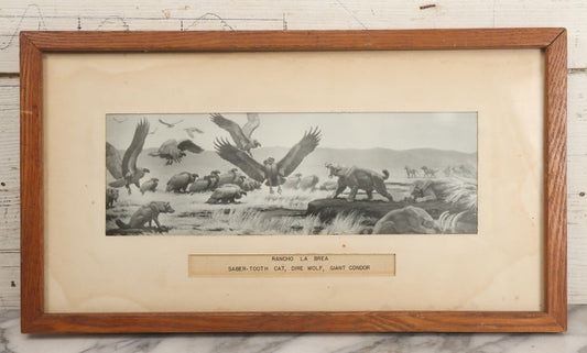Lot 040 - Vintage Souvenir Artwork From Rancho La Brea (La Brea Tar Pits Los Angeles) Depicting Prehistoric Animals Including Saber-Tooth Cat, Dire Wolf, Giant Condor, In Frame With Custom Cut Mat