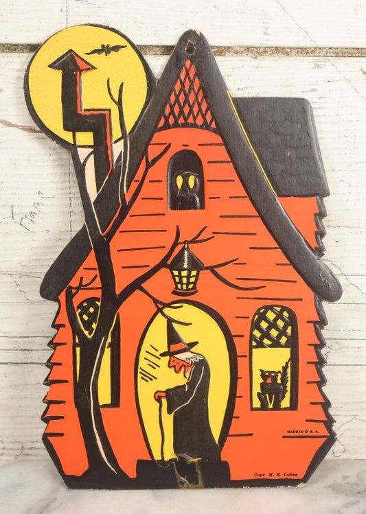 Lot 065 - Vintage Die Cut Embossed Witch's House Halloween Decoration, Copyright H.E. Luhrs Made In U.S.A.