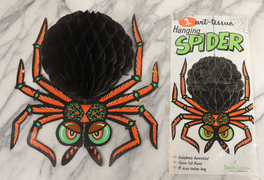 Lot 066 - Vintage Art Tissue Hanging Spider Halloween Decoration In Original Plastic Packaging, A Beistle Creation, Copyright The Beistle Co., Shippersburg, Pennsylvania