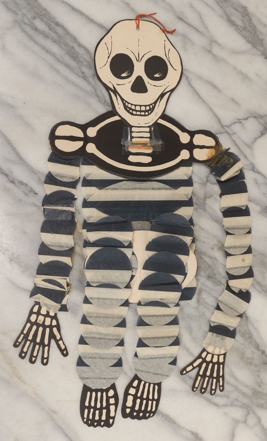 Lot 067 - Vintage Tissue And Paper Board Dancing Skeleton Halloween Decoration, Handmade In Denmark For Amscan Harrison, N.Y., With Large Size Toploader, As Found, Note Tape, Tears