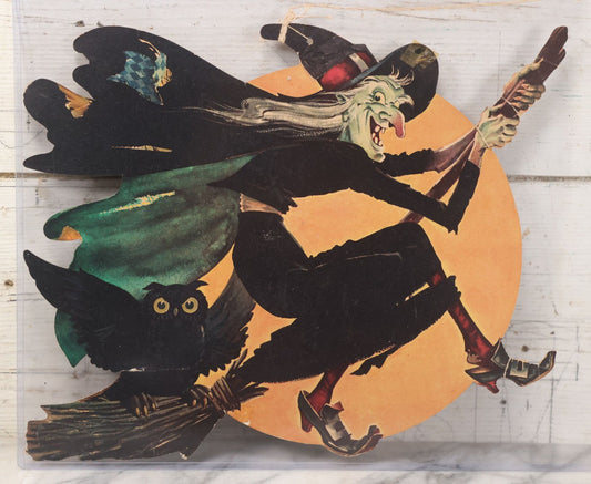 Lot 071 - Vintage Flying Witch With Owl Die Cut Halloween Decoration, Likely By Dennison