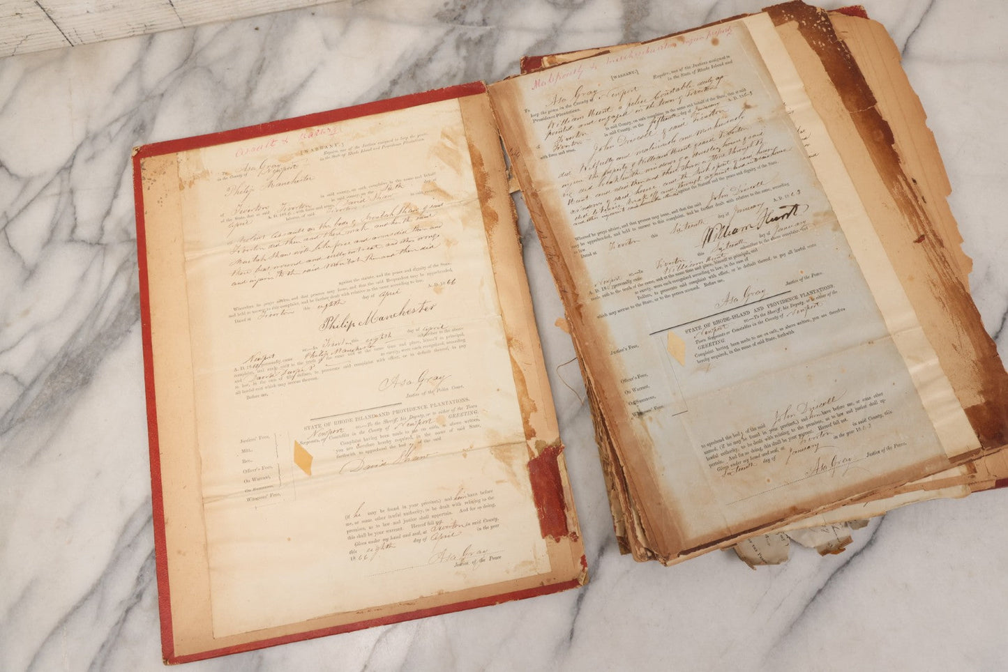 Lot 003 - Pair Of Antique Scrapbooks Containing Mostly Arrest Warrants, Other Official Documents, Dating From 1840s To 1880s Documents Addressed To Asa Gray, Justice Of The Peace, County Of Newport, Rhode Island And Providence Plantations