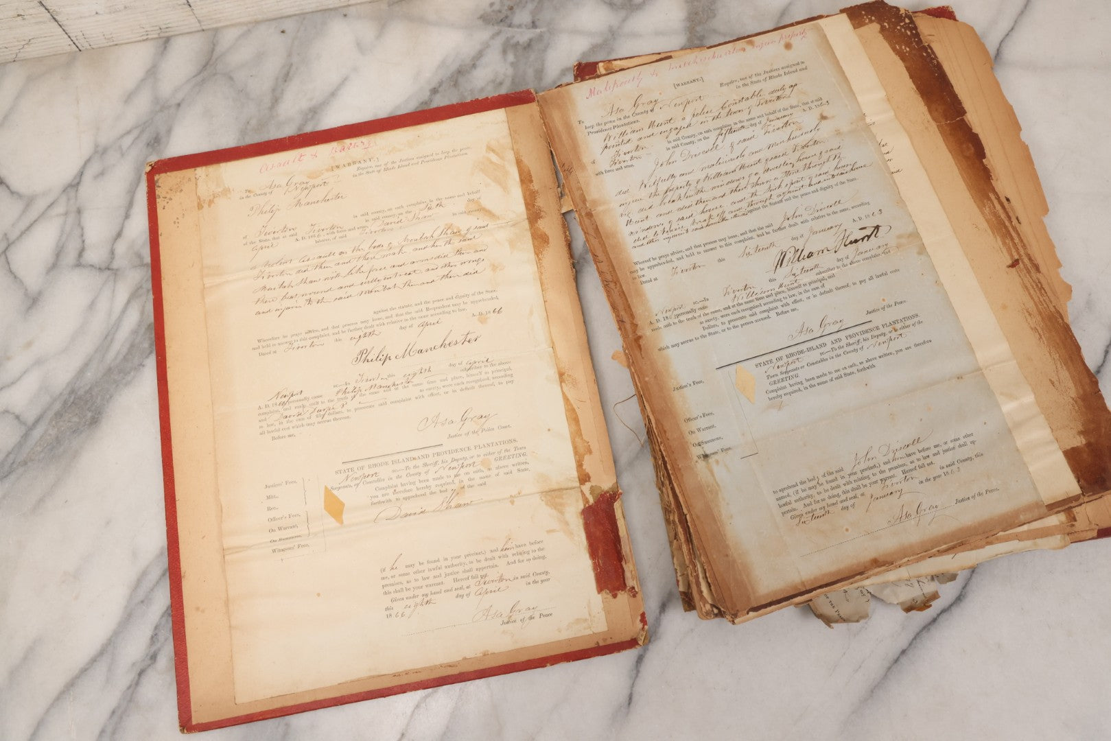 Lot 003 - Pair Of Antique Scrapbooks Containing Mostly Arrest Warrants, Other Official Documents, Dating From 1840s To 1880s Documents Addressed To Asa Gray, Justice Of The Peace, County Of Newport, Rhode Island And Providence Plantations