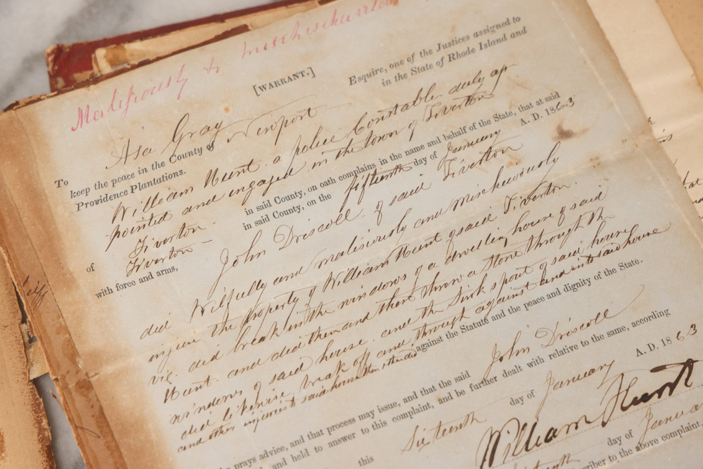Lot 003 - Pair Of Antique Scrapbooks Containing Mostly Arrest Warrants, Other Official Documents, Dating From 1840s To 1880s Documents Addressed To Asa Gray, Justice Of The Peace, County Of Newport, Rhode Island And Providence Plantations