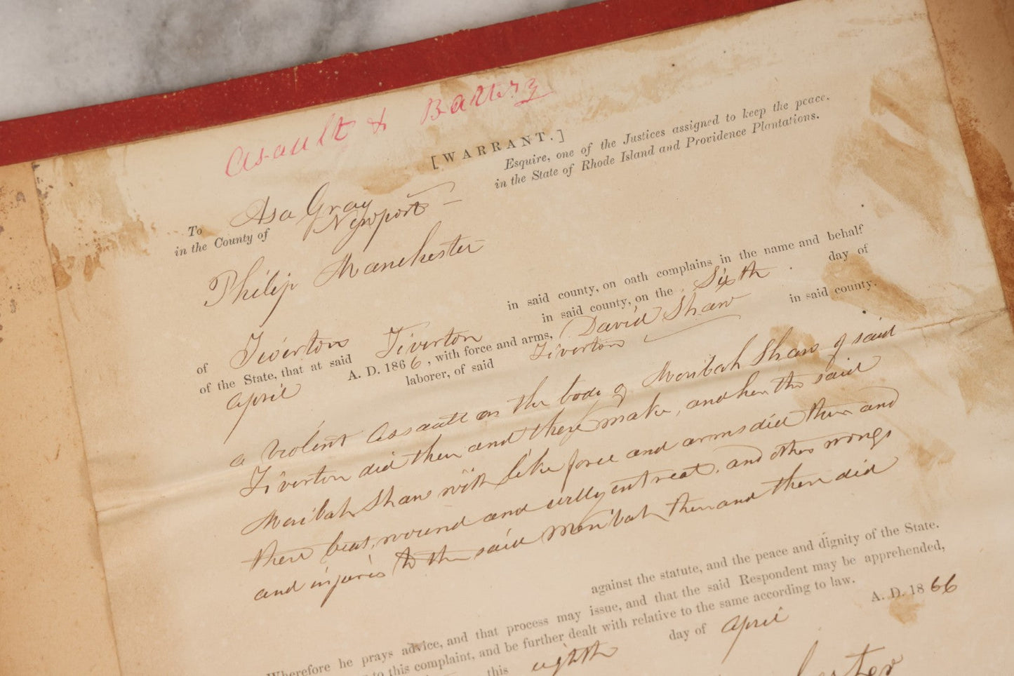 Lot 003 - Pair Of Antique Scrapbooks Containing Mostly Arrest Warrants, Other Official Documents, Dating From 1840s To 1880s Documents Addressed To Asa Gray, Justice Of The Peace, County Of Newport, Rhode Island And Providence Plantations