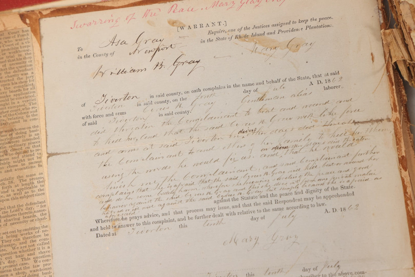 Lot 003 - Pair Of Antique Scrapbooks Containing Mostly Arrest Warrants, Other Official Documents, Dating From 1840s To 1880s Documents Addressed To Asa Gray, Justice Of The Peace, County Of Newport, Rhode Island And Providence Plantations