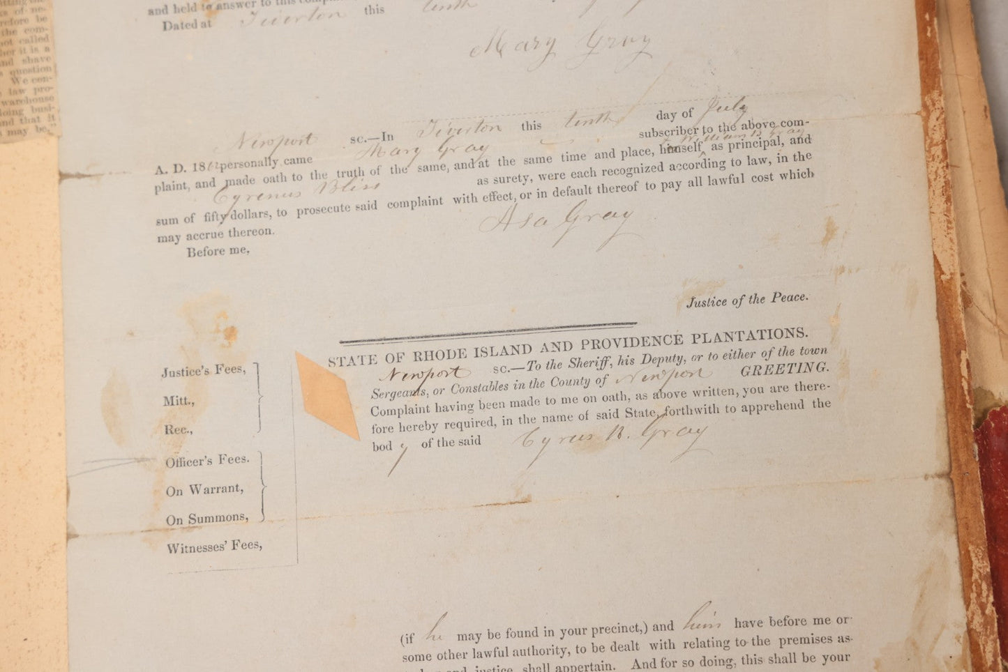 Lot 003 - Pair Of Antique Scrapbooks Containing Mostly Arrest Warrants, Other Official Documents, Dating From 1840s To 1880s Documents Addressed To Asa Gray, Justice Of The Peace, County Of Newport, Rhode Island And Providence Plantations