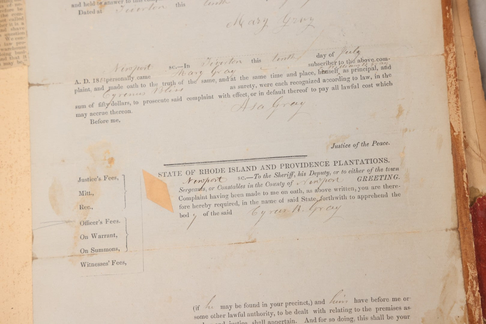 Lot 003 - Pair Of Antique Scrapbooks Containing Mostly Arrest Warrants, Other Official Documents, Dating From 1840s To 1880s Documents Addressed To Asa Gray, Justice Of The Peace, County Of Newport, Rhode Island And Providence Plantations