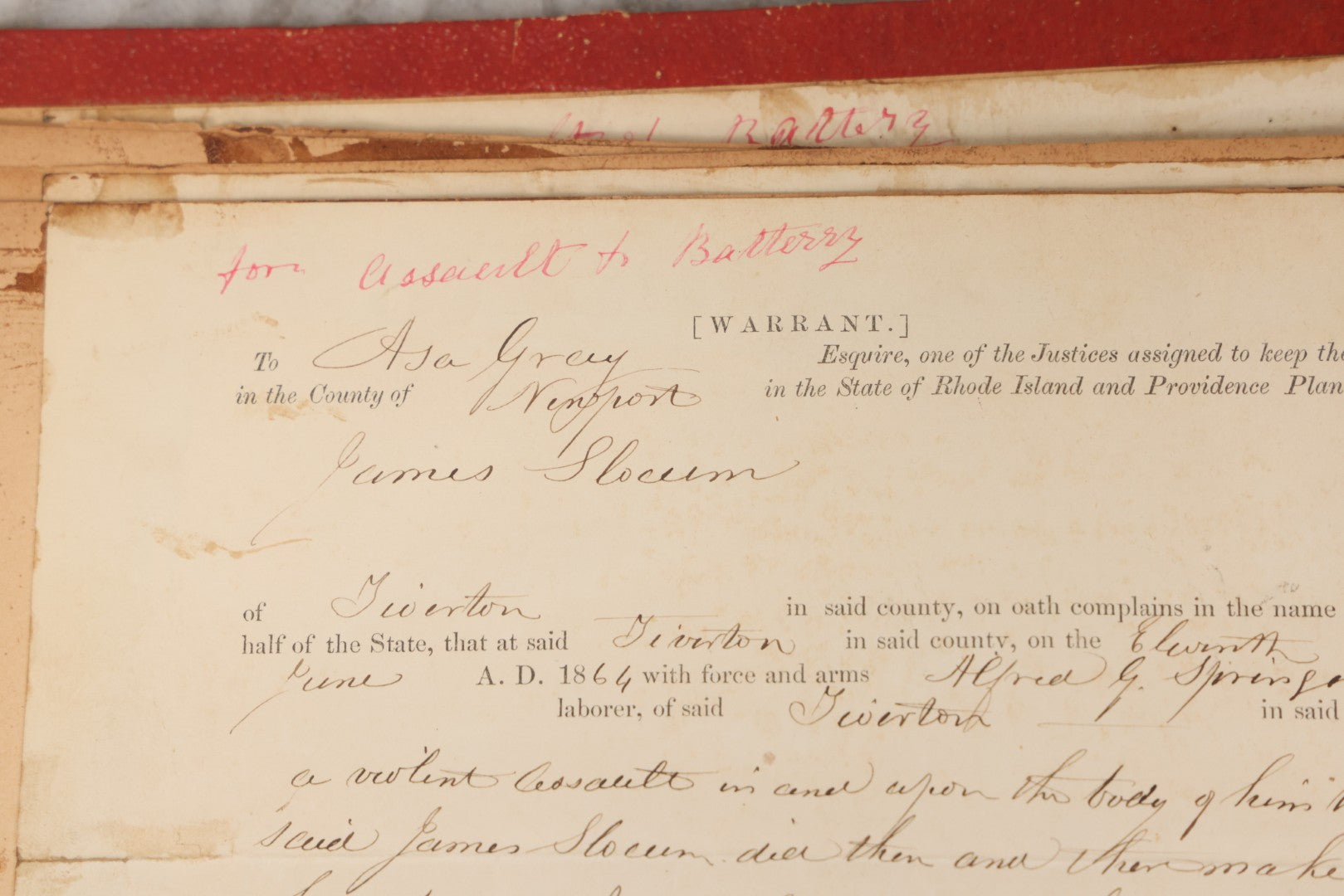 Lot 003 - Pair Of Antique Scrapbooks Containing Mostly Arrest Warrants, Other Official Documents, Dating From 1840s To 1880s Documents Addressed To Asa Gray, Justice Of The Peace, County Of Newport, Rhode Island And Providence Plantations