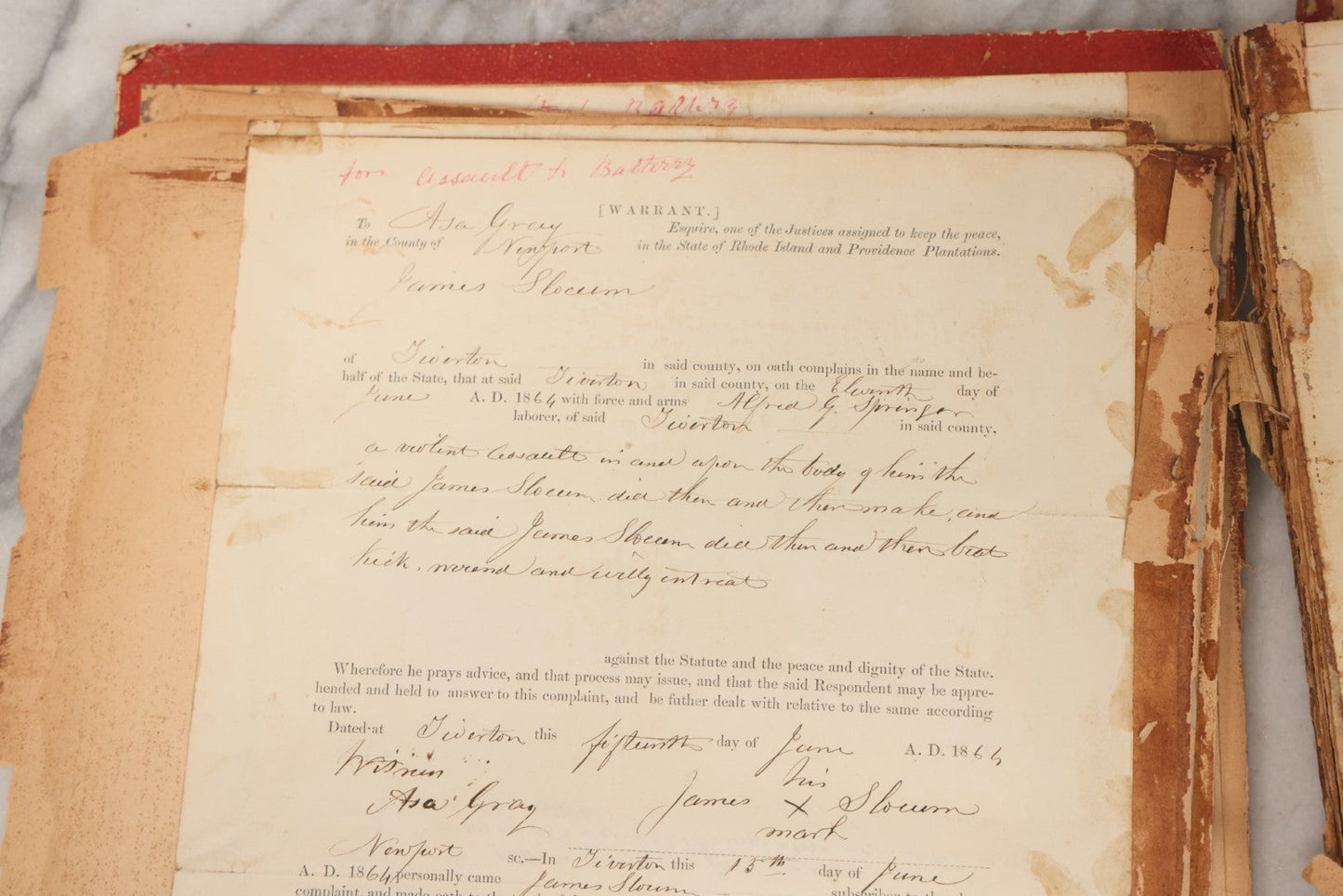 Lot 003 - Pair Of Antique Scrapbooks Containing Mostly Arrest Warrants, Other Official Documents, Dating From 1840s To 1880s Documents Addressed To Asa Gray, Justice Of The Peace, County Of Newport, Rhode Island And Providence Plantations