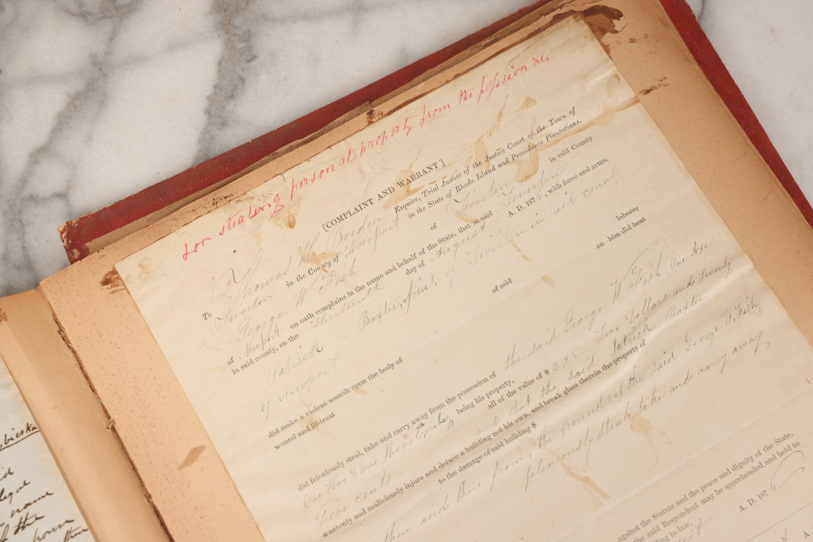 Lot 003 - Pair Of Antique Scrapbooks Containing Mostly Arrest Warrants, Other Official Documents, Dating From 1840s To 1880s Documents Addressed To Asa Gray, Justice Of The Peace, County Of Newport, Rhode Island And Providence Plantations