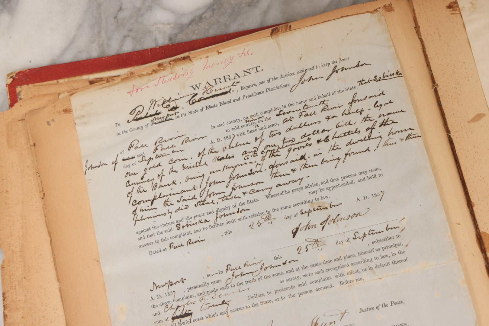 Lot 003 - Pair Of Antique Scrapbooks Containing Mostly Arrest Warrants, Other Official Documents, Dating From 1840s To 1880s Documents Addressed To Asa Gray, Justice Of The Peace, County Of Newport, Rhode Island And Providence Plantations
